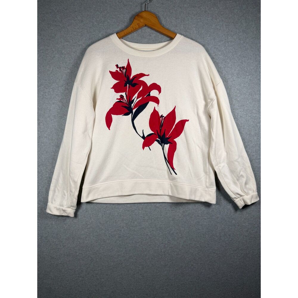 Liz Claiborne Women's M White Red Floral Fleece Crewneck Sweatshirt 3910
